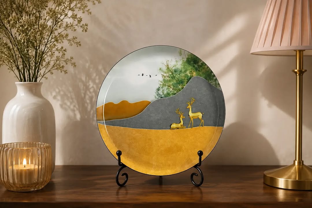 The Regal Ornate — golden deer landscape metal wall plate